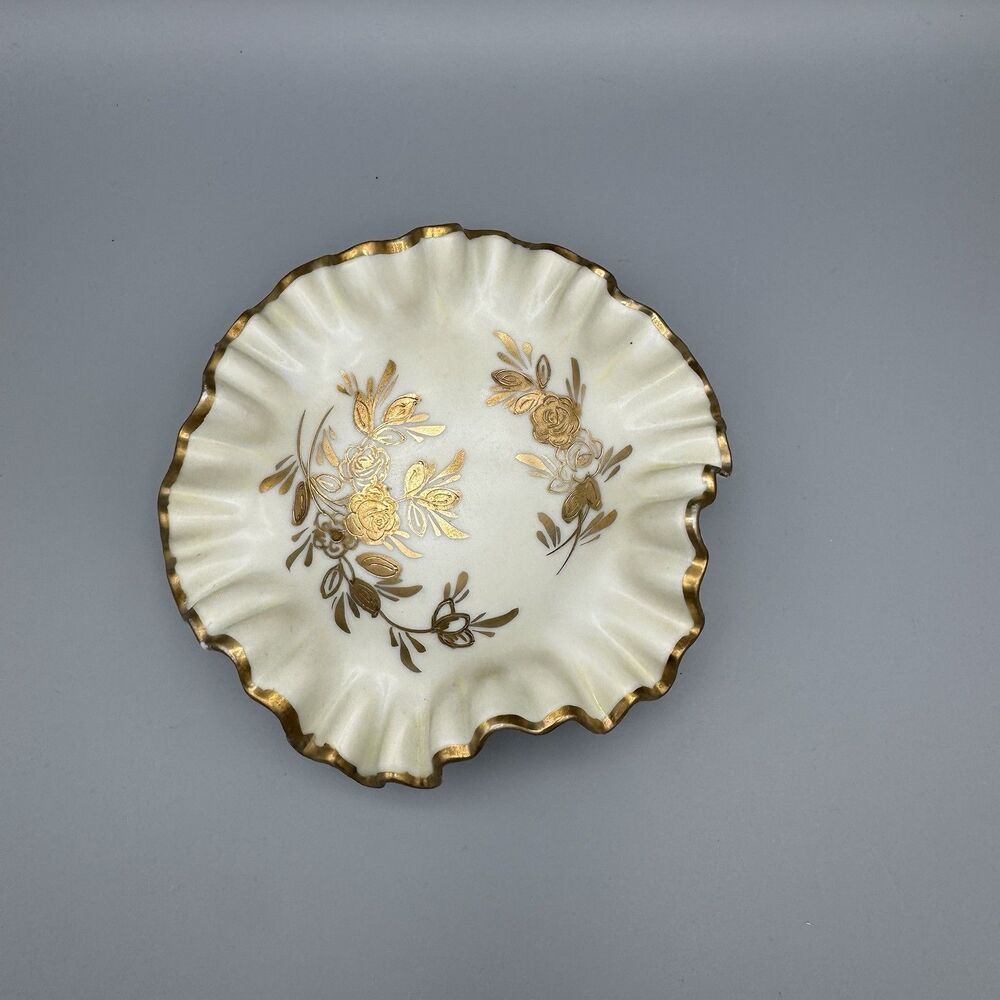 Antique Porcelain White Biege Gold Ruffled Dish Floral Design Marked 6651RG 6"
